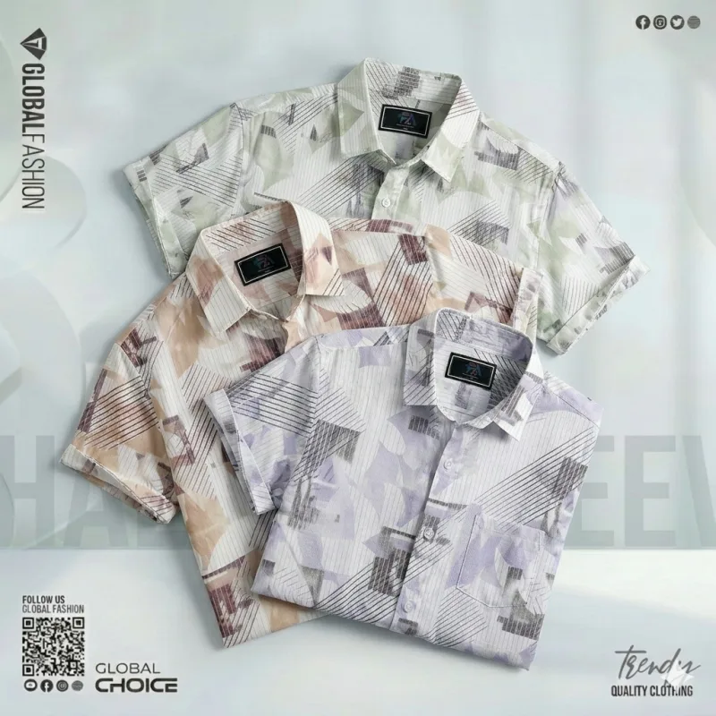 Digital Printed Premium Short Sleeve Shirt - Combo-03-(Sky, Biscuit &amp; Lemon)