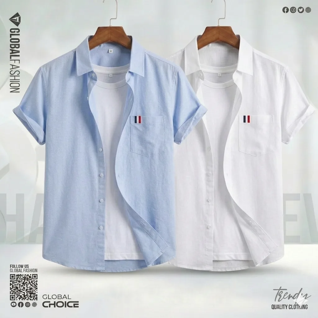 Remi Cotton Premium Short Sleeve Shirt - Combo-02-(Sky &amp; Off-white)