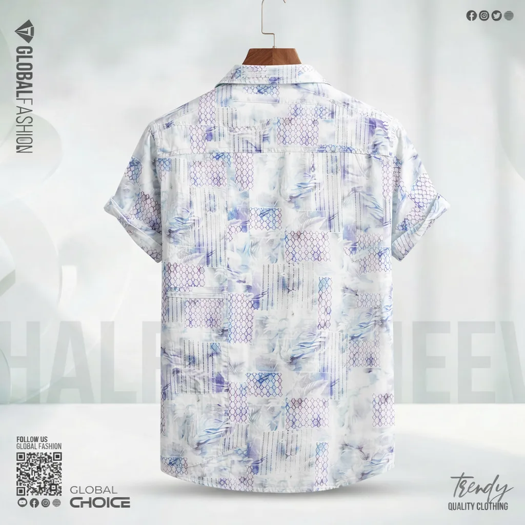 Digital Printed Remi Cotton Short Sleeve Shirt - (White &amp; Blue)