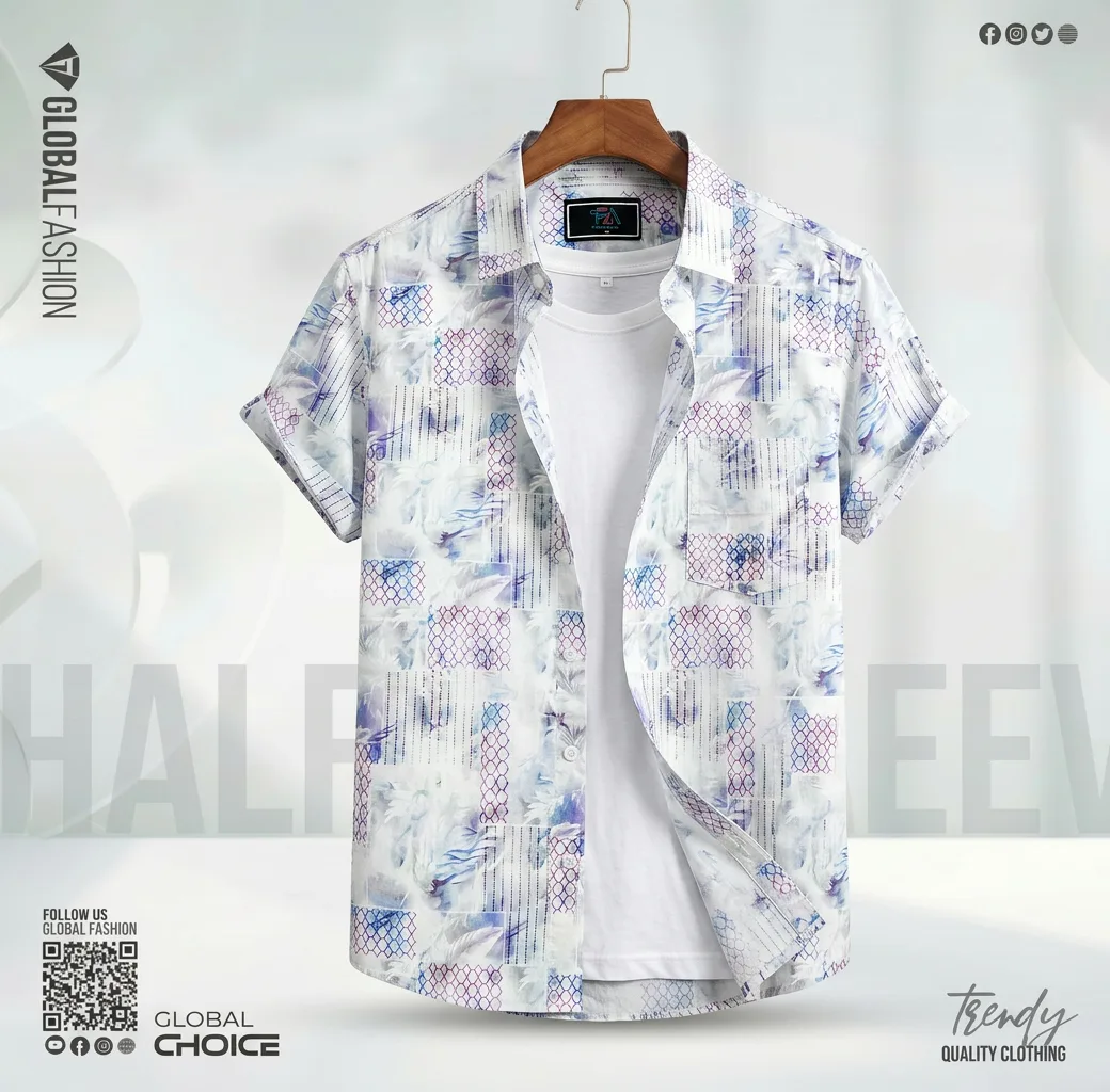 Digital Printed Remi Cotton Short Sleeve Shirt - (White &amp; Blue)